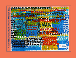 Painting of many colorful dots in a grid pattern. 'National Arts & Humanities Month 2022.'